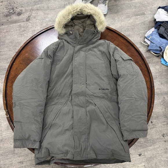Columbia Down Jacket Parka Olive Green Mens Size Medium Heavy Snow Nylon SM5075